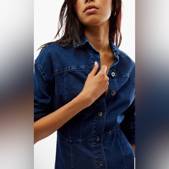 Free People Amber Long Sleeve Denim Shirt Dress Size 14 New - Picture 7 of 9